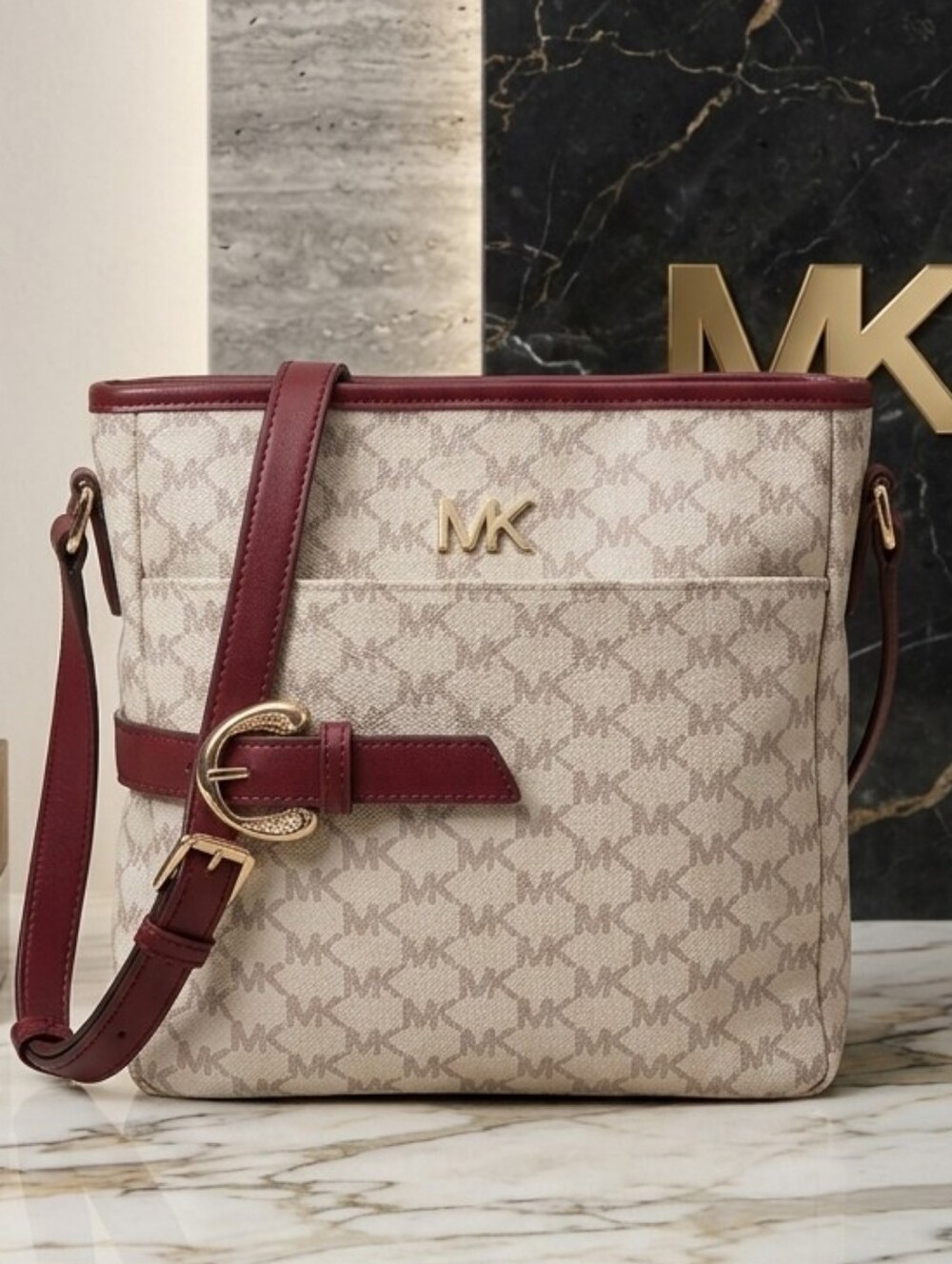 Michael Kors Beige Signature Crossbody with Burgundy Trim